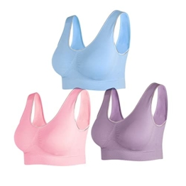 NAKQU Damen Sport BH Set Ohne Bügel Fitness Lauf Joggen Yoga Bustier Gepolsterter 3er Pack, Rosa, Blau, Lila, 2XL - 1