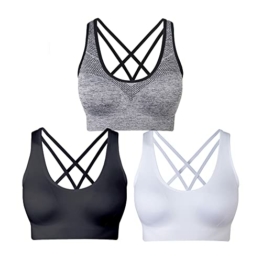 NAKQU Damen Sport BH Set Ohne Bügel Kreuz Rücken Yoga Bustier Gepolsterter 3er Pack, Schwarz, Weiß, Grau, L - 1